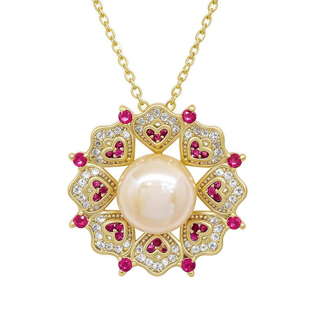 Gold-Plated Korean Style Luxury Freshwater Pearl Necklace with Zirconia Stamen Pendant