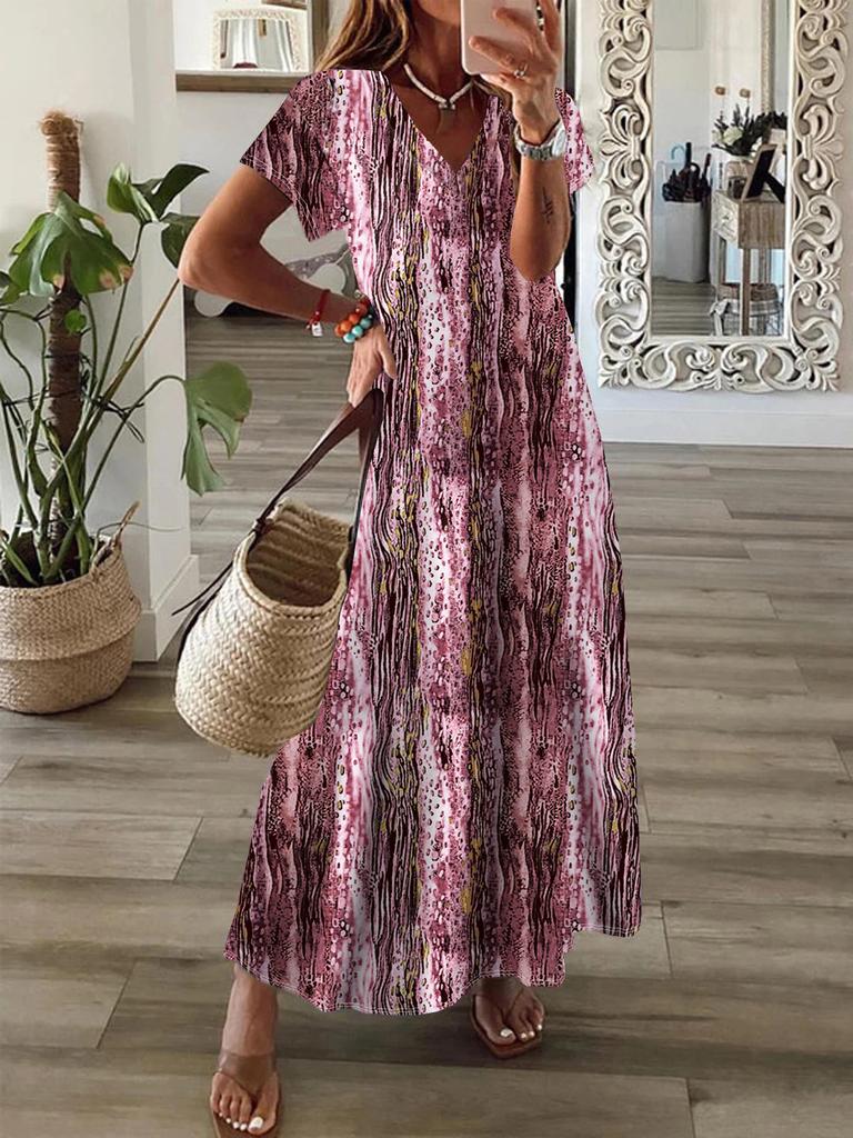 Women's Spring Summer V-Neck Short Sleeve Boho Print Swing Dress