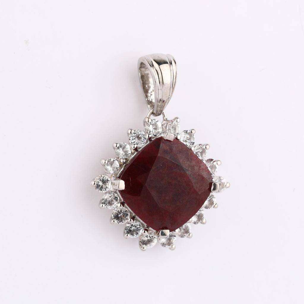 Dyed Ruby Cushion Pendant 925 Sterling Silver Platinum Plated White Topaz Handmade Fine Jewelry Gift for Her