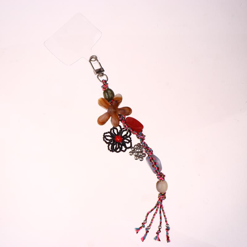 Ethnic Style Artistic Beaded Charm Keychain Vintage Flower Phone Lanyard Bag Pendant Key Hanging Decoration Gifts