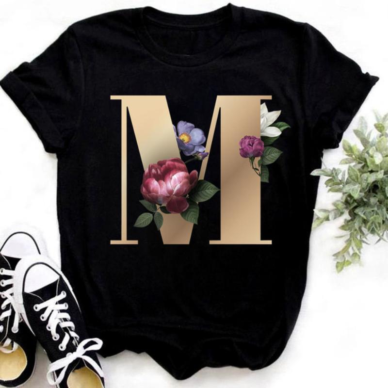 Fashion Golden 26 Letters Flower Harajuku Print Ladies T-shirt Casual Basics O-collar Black Shirt Short Sleeve Ladies T-shirts