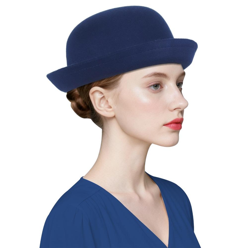 

Trendy Solid Color Women’s Bowler Hat Vintage Elegant Girls Wool Felt Hat Lightweight Round Crown Derby Hat Formal Occasions темно-синього кольору