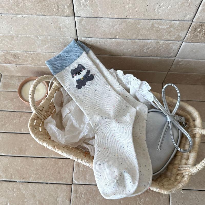 Female Autumn Versatile Cartoon Cute Puppy Embroidery Boneless Drum Pile Pile Cotton Socks
