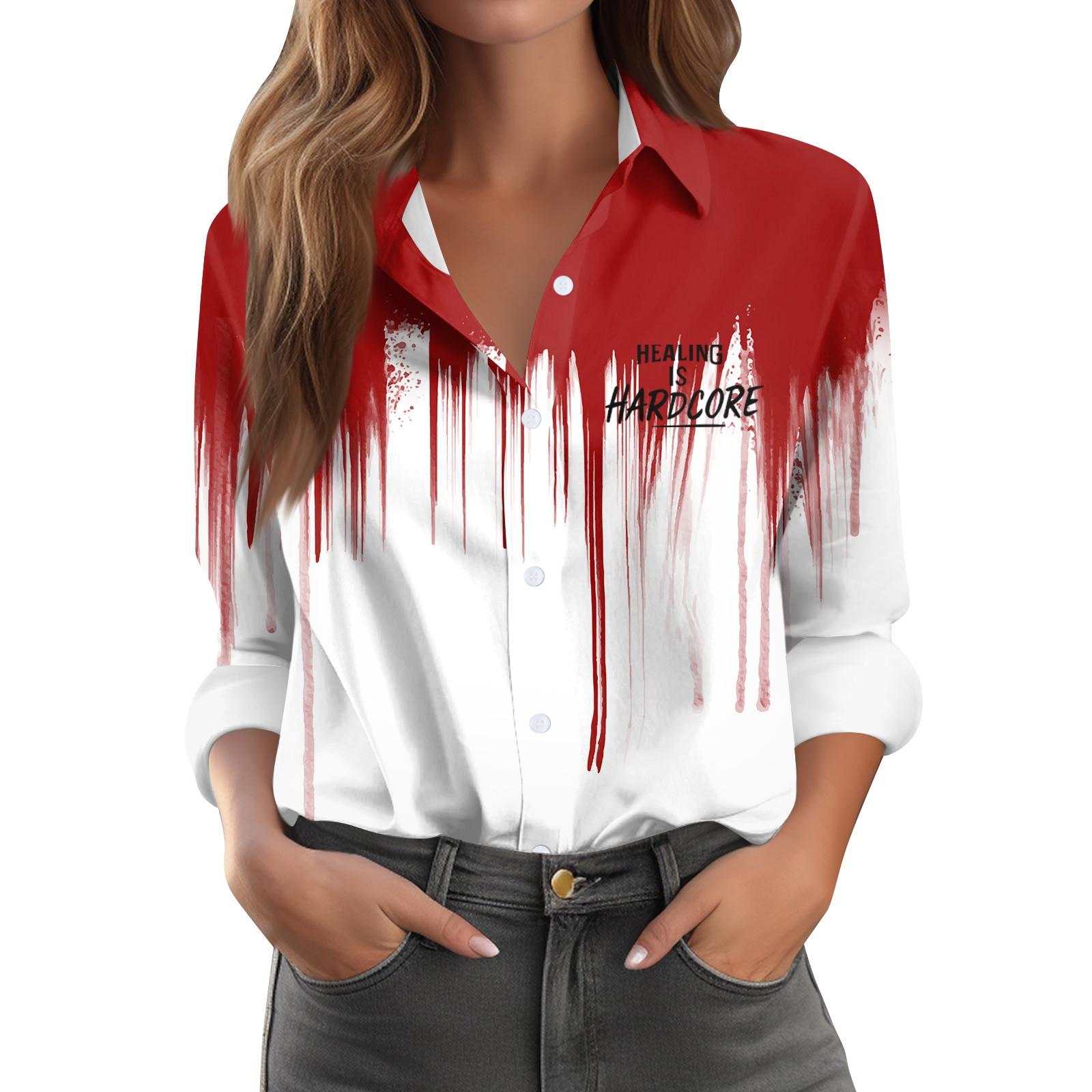 

Женская повседневная рубашка с длинным рукавом на пуговицах с принтом на Хэллоуин L красный