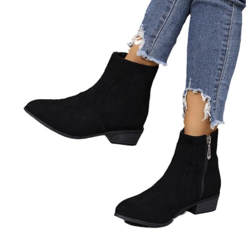 European and American Large Size Short Tube Side Zipper Martin Boots Women's Single Boots New Suede Thick Heel British Style Thin Boots