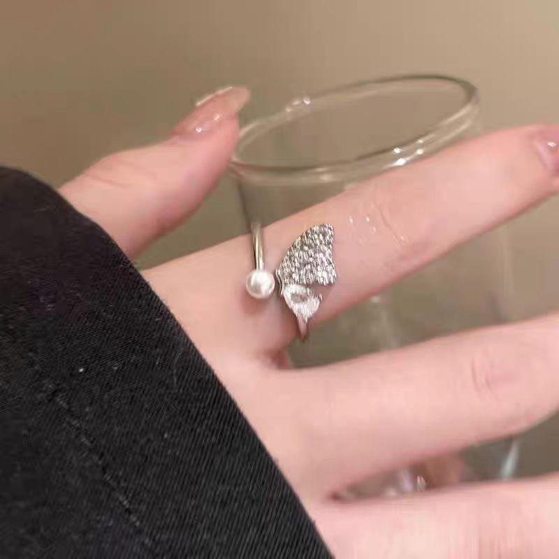 Butterfly zircon pearl ring female index finger ring unique design opening adjustable ring