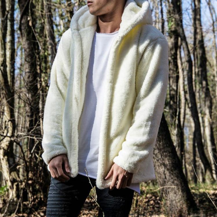 Мужское осенне-зимнее повседневное однотонное пальто с капюшоном, плюшевое пальто для сохранения тепла M белый