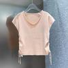 Drawstring Waist Cinching Slimming Ice Silk Knitted Sweater for Women In Summer V-neck Pearl New Stylish T-shirt Chic Top