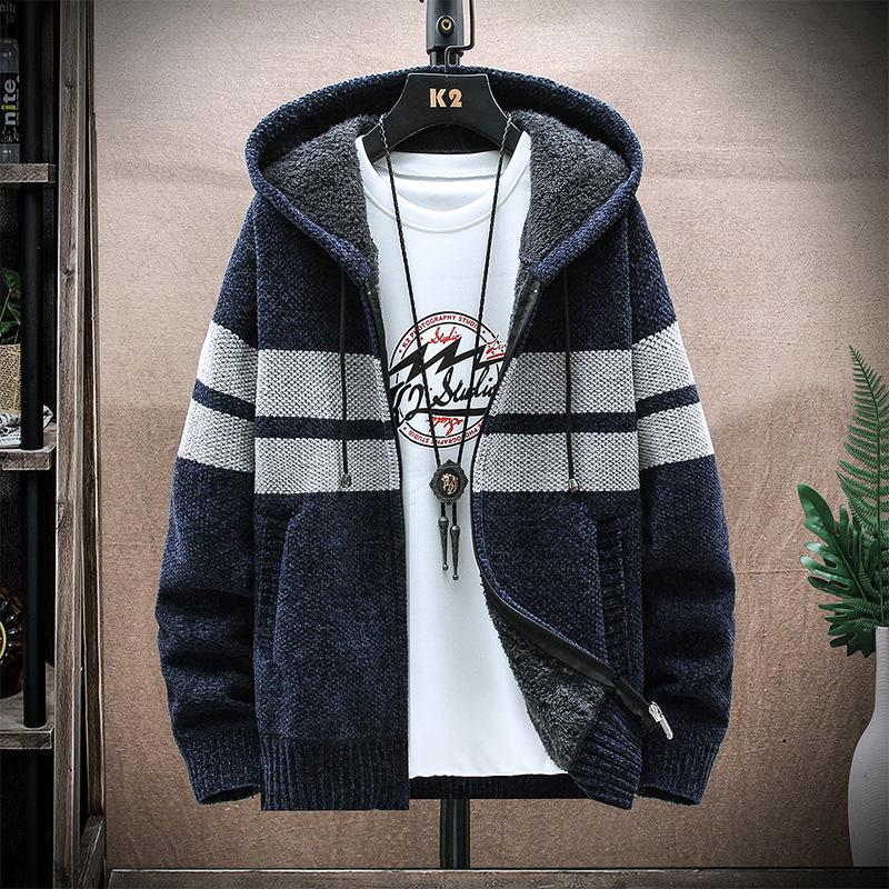 2026 New Men's Hooded Striped Knitted Jacket Fleece Thickened Chenier Cardigan Casual Warm Sweater
