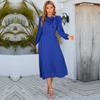 Frauen Herbst Winter O Hals Schleife A-Linie Einfarbig Hohe Taille Langarm Kleid S-XXL