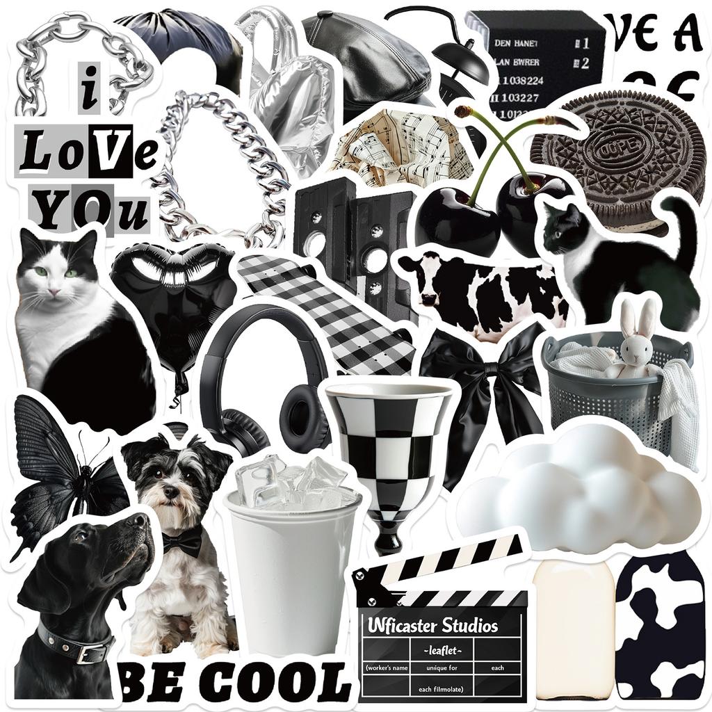 Various 30 Black and White Light Cream Series Sticker Packs Ins Style Creative Hand Account Decoration Material Pack Stickers