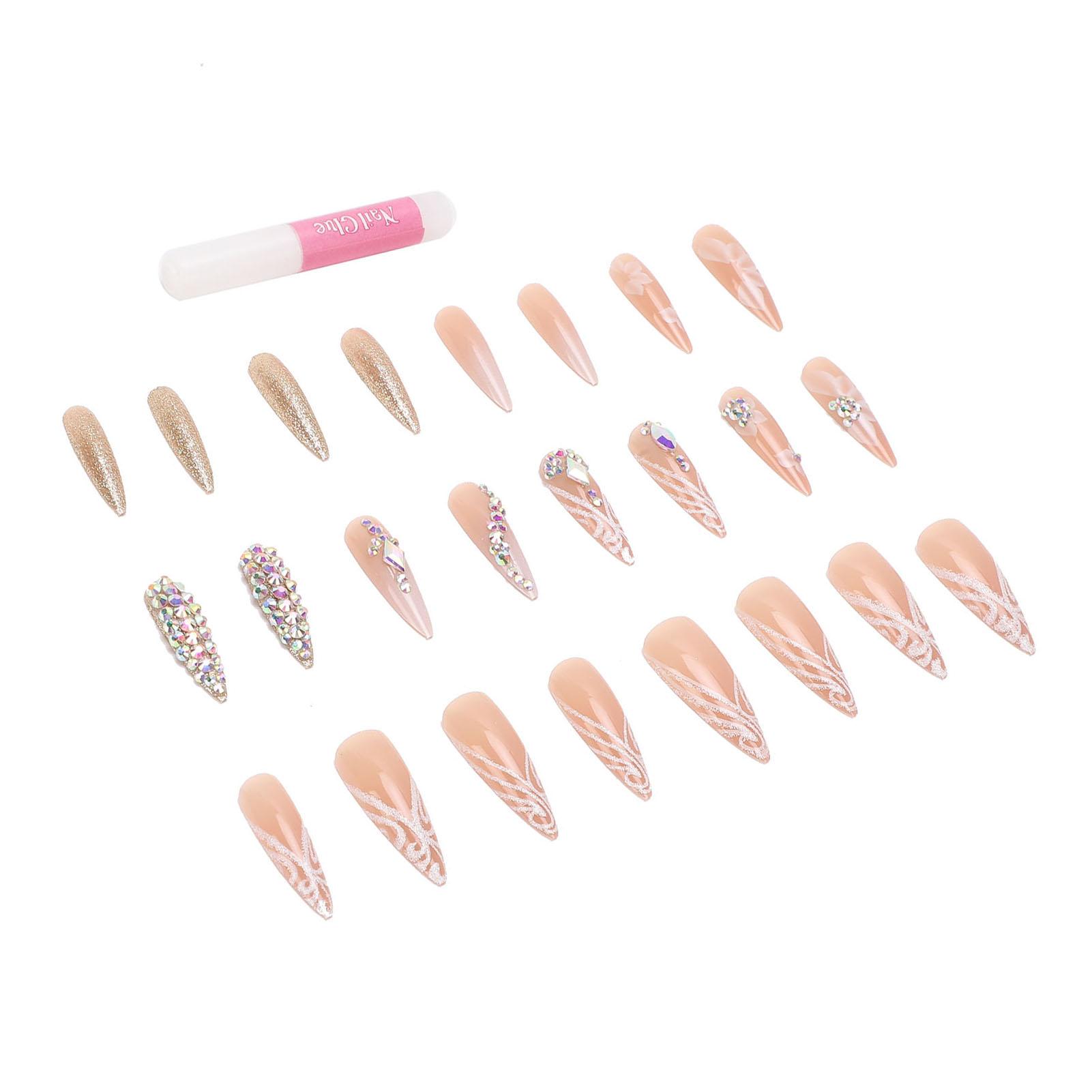 

24Pcs Press On Nails Fake Artificial False Occidental Flower Shining Rhinestone Pattern Stick On Detachable Reusable with Glue for Spicy Girl