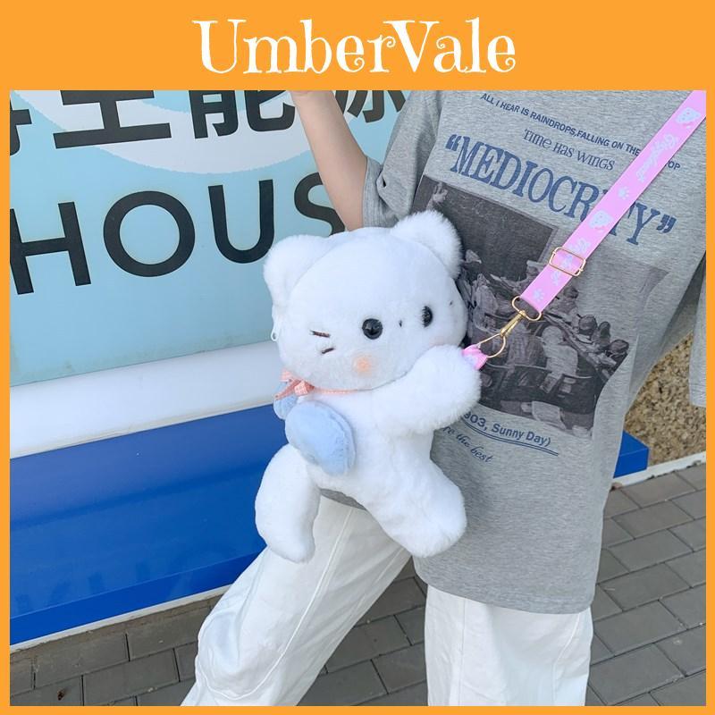 Cute Scarf White Cat Plush Doll Cartoon Shoulder Bag With Detachable Strap For Daily Use