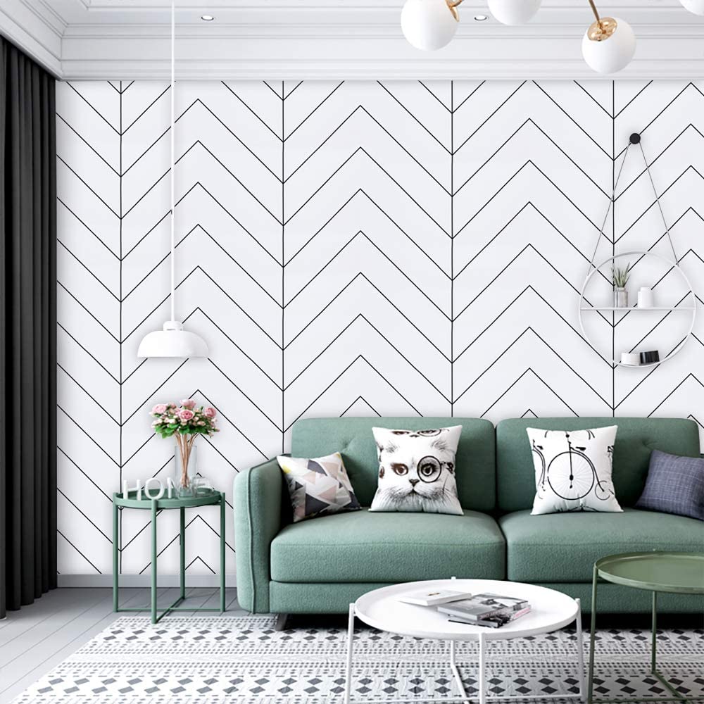 HaoHome White and Black Geometric Contact Paper Black Stripes Peel and Stick Wallpaper Modern Removable Self Adhesive Wall Paper