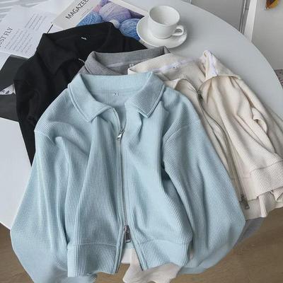 Jachetă scurtă de toamnă, din bumbac, tip waffle, pentru femei, în stil coreean, în formă lejeră, cardigan casual cu fermoar dublu