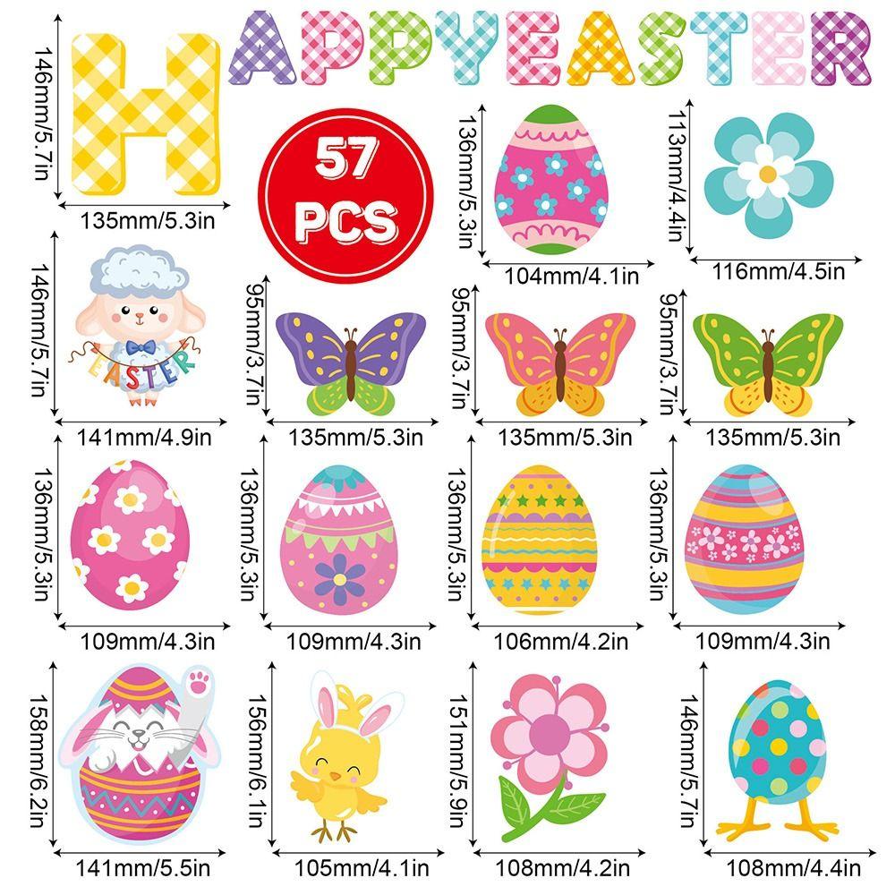 57PCS Cartoon Easter Decoration Paper Multicolor Easter Eggs Cards Flower Sheep Butterfly Bunny Chicken Wall Sticker