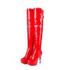 Stivali sopra il ginocchio con tacco super alto da donna sexy, in pelle verniciata, con cerniera rossa, con plateau, lunghi stivali