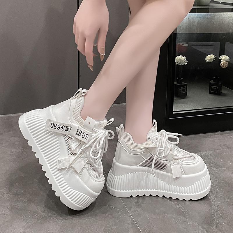 Fashion Breathable Air Mesh Lace Sneakers Leather Flats Lace-up Women Spring 8.5CM High Platform Sports Dad Shoes New Chunky Sneaker