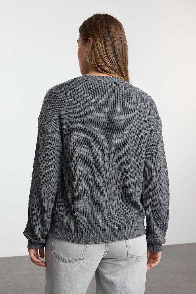 Women's Fashionable Stylish Sweater Beige Lace and Slit Detailed Crew Neck Knitwear Sweater