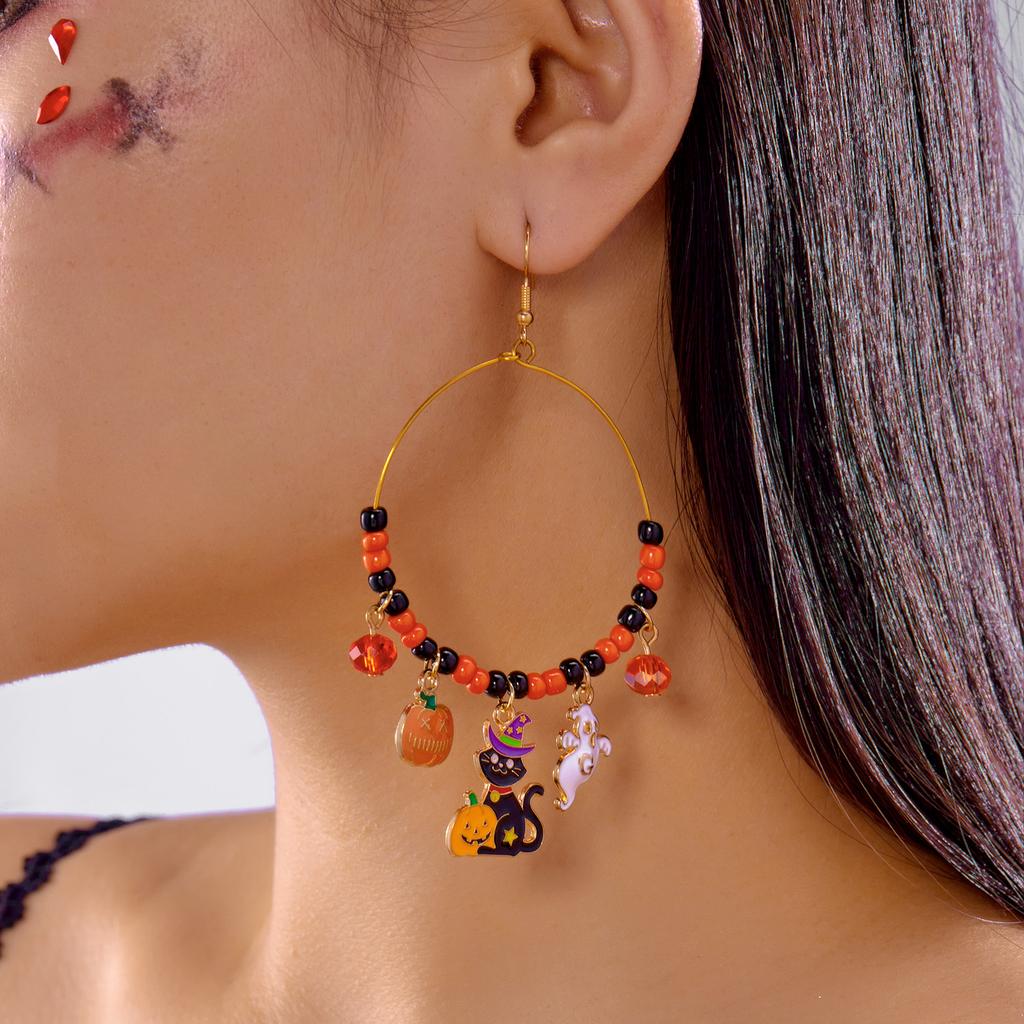 Design Sense Halloween Pumpkin Cat Earrings for Women Exaggerated Rice Beaded Big Circle Hoop Earrings Festive Party Jewelry