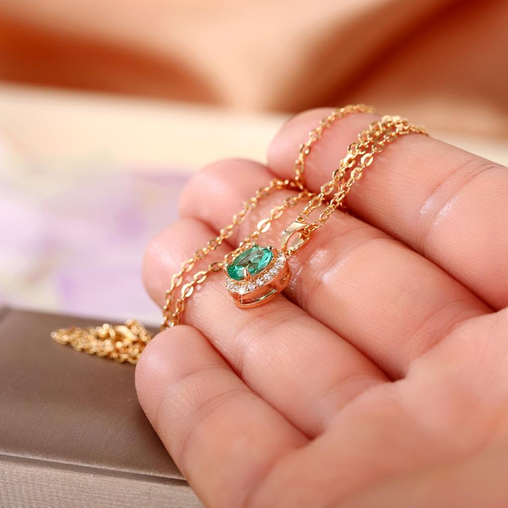 Women Oval Green Stone Pendant Necklace with Sparkling Halo Elegant Gold Chain