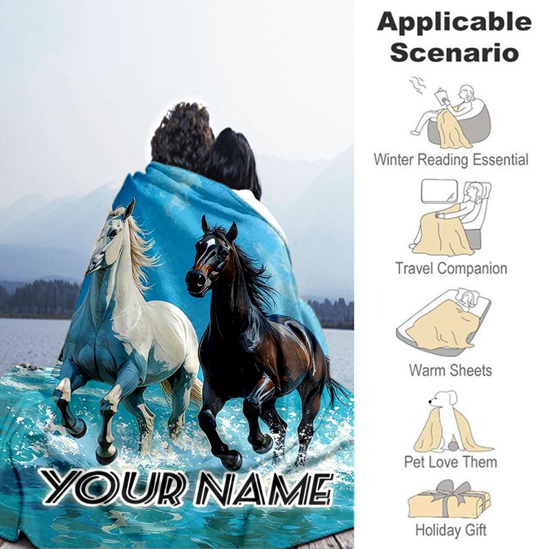 1PC Custom Name Horses Ocean Wave flannel blanket versatile,all-season throw suitable for the living room,bedroom,camping,travel,and gift