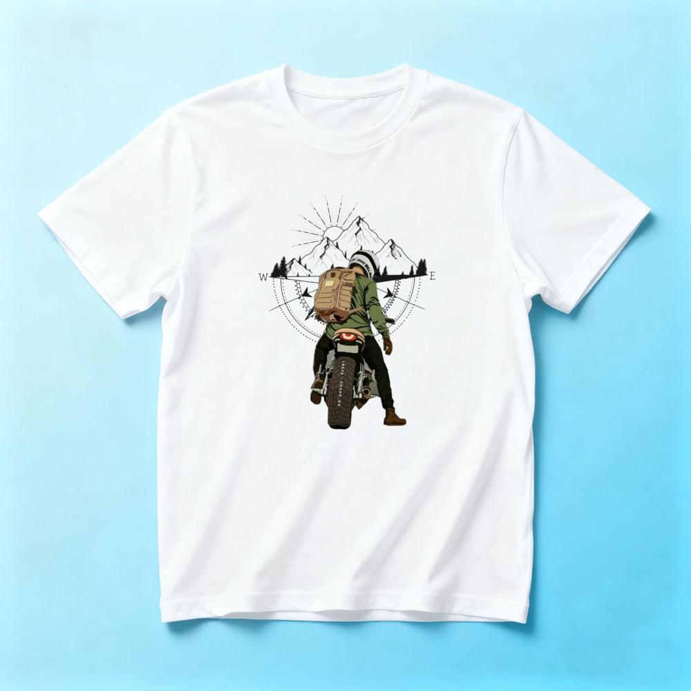 Mountain Compass Adventure Motorcycle RiderunisexSummer Cotton T Shirt Outdoor Biker Retro Graphic Short Sleeve Apparel