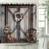 Rustic Barn Door Shower Curtain - Hydrangeas, Wreath & Wagon Wheel Design, Vintage Country Style, Polyester