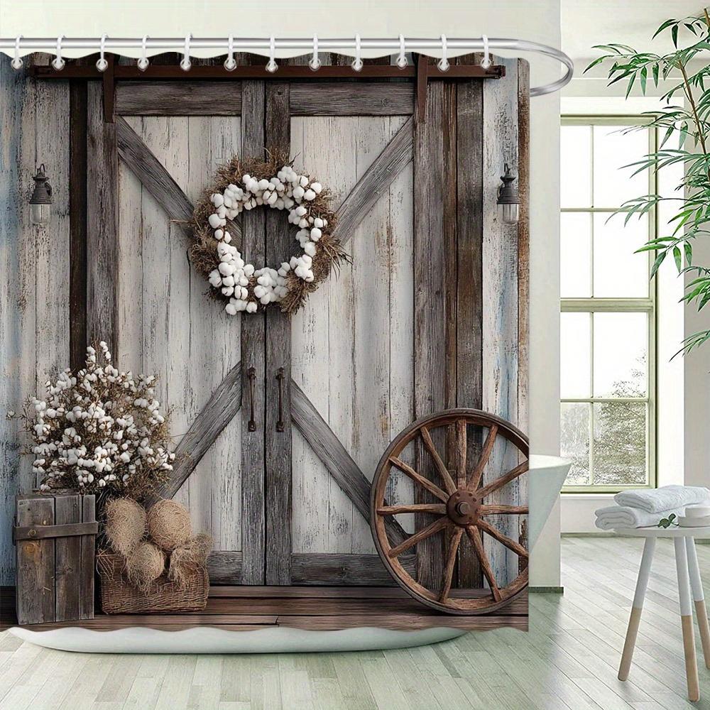 Rustic Barn Door Shower Curtain - Hydrangeas, Wreath & Wagon Wheel Design, Vintage Country Style, Polyester
