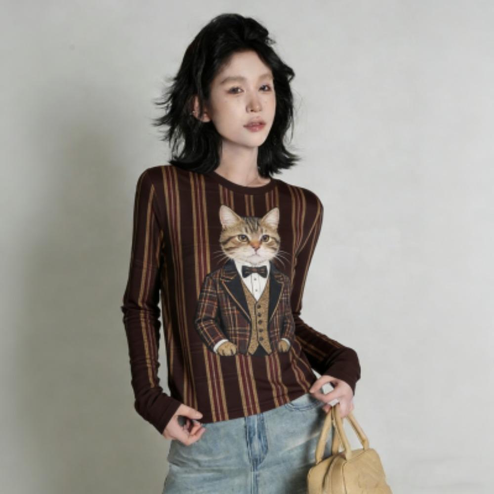 Spring Europe America Fashion Fun Cat Print Women's T-shirt Casual Pullover Women Long Sleeve Clothing Outdoor Street Tees Top