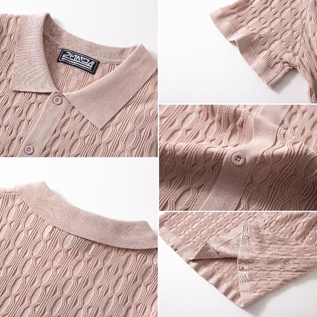 Men's Summer Casual Knit Jacquard Short Sleeve Cardigan Business Polo Shirt Button Front Lightweight Breathable Fabric