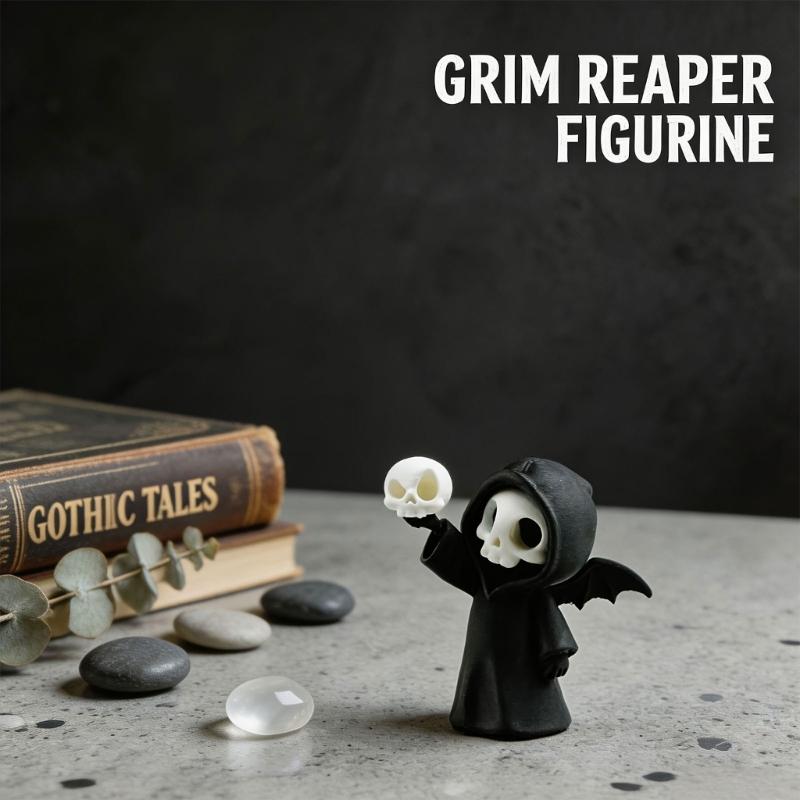 Small Table Decorative Figure with Hooded Skull Character, Collector Shelf Piece for Desk Display and Themed Styling