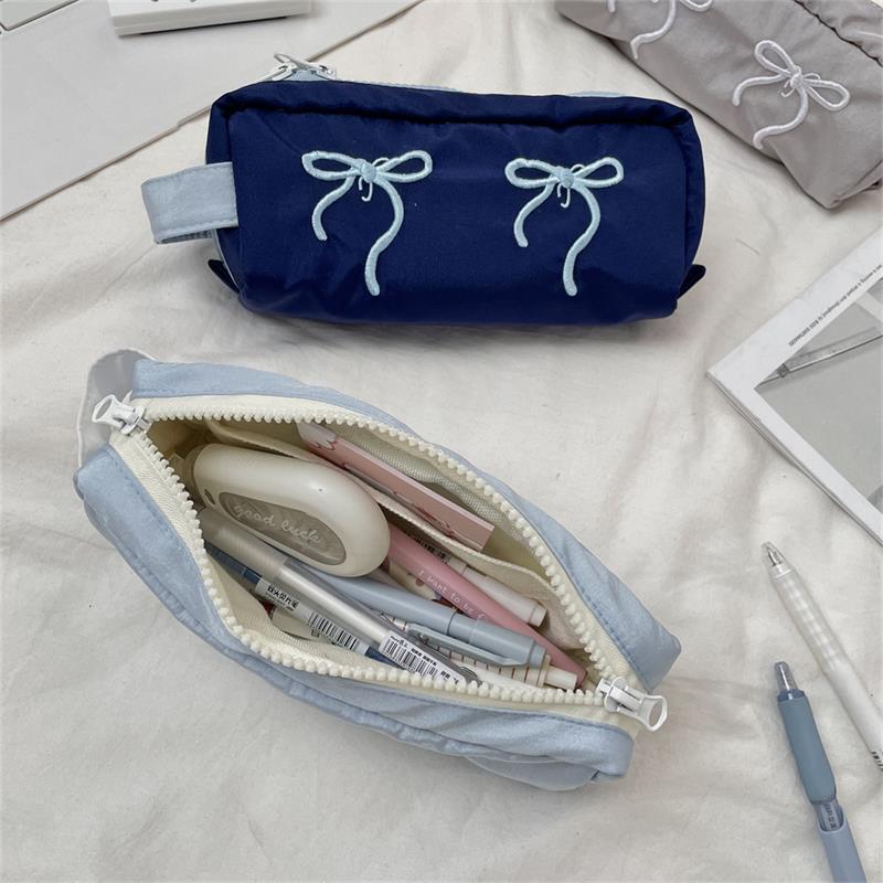 Cute Simple Bowknot Hand-Held Pencil Case Girly Pencil Bags Large Capacity Portable Student Stationery Storage Bag School Supply