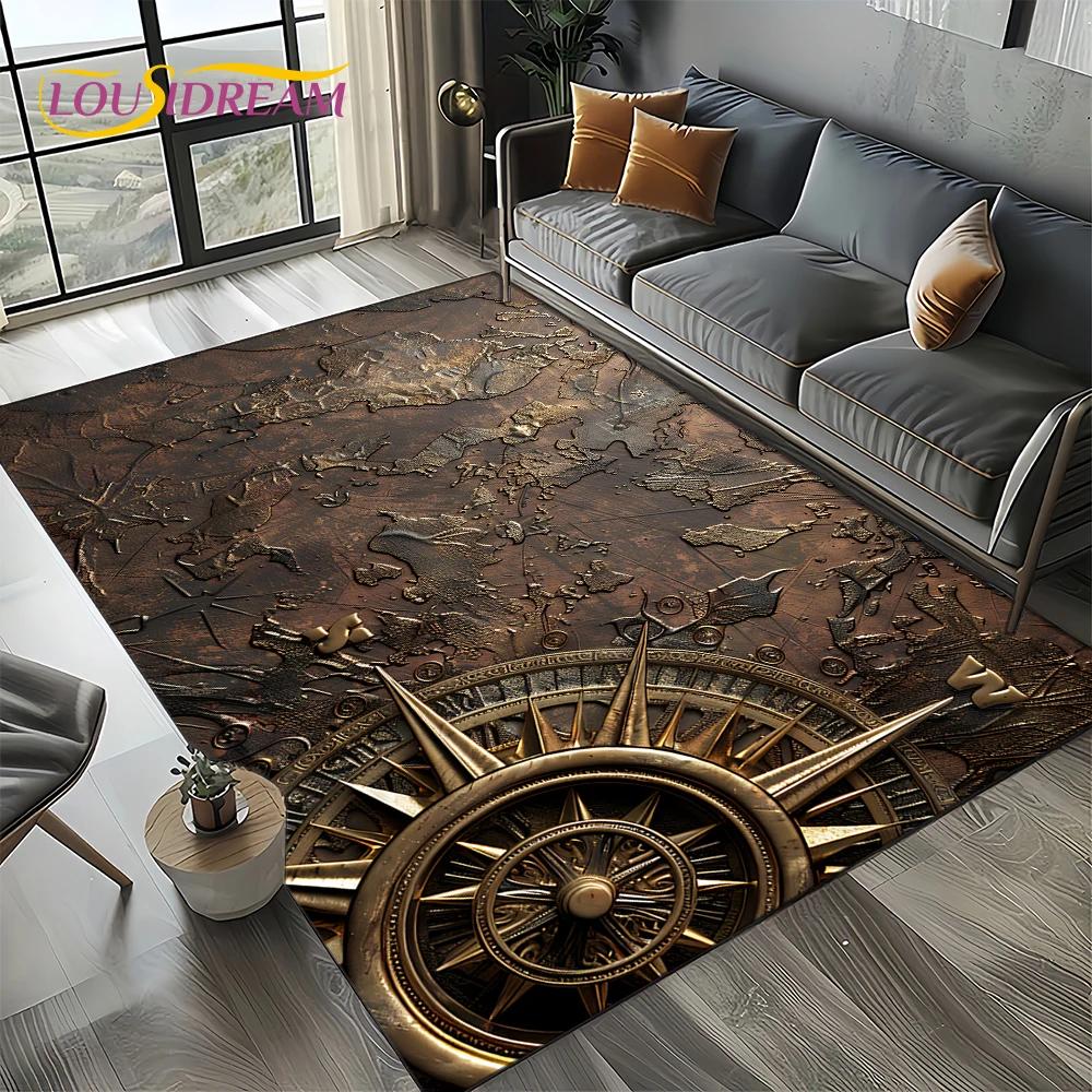 2025 Retro Ancient Nautical Chart Kraft World Map Compass Carpet Rug for Living Room Bedroom Sofa Decoration,Non-slip Floor Mat