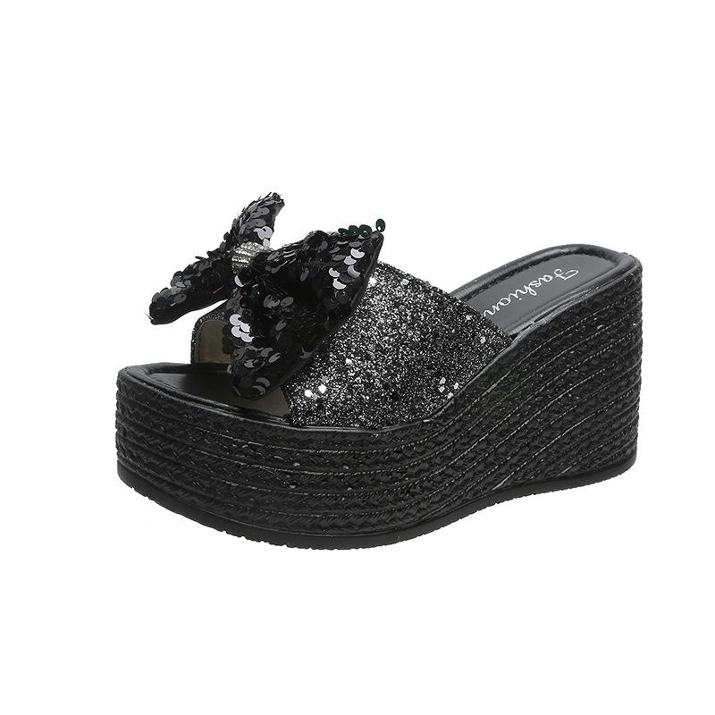 Summer new inner height increase sequin bow thick bottom wedge heel one-character slippers tide