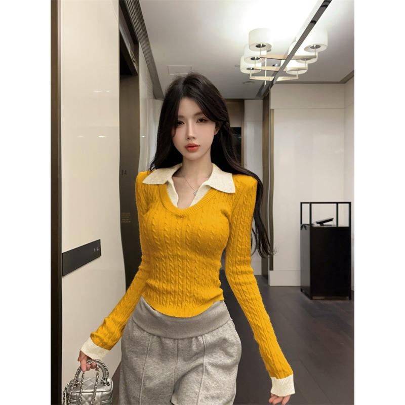 Contrast Color Fake Two-piece Stitching V-neck Sweater Women's Winter Sweater Design Bottoming Top
