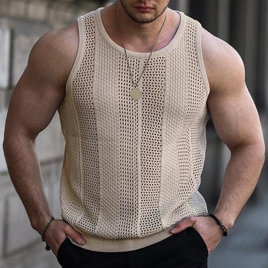 O-Neck Sleeveless Men Vest Solid Color Ribbed Trim Thin Summer Casual Hollow Out Loose Knitting Vest Sportwear