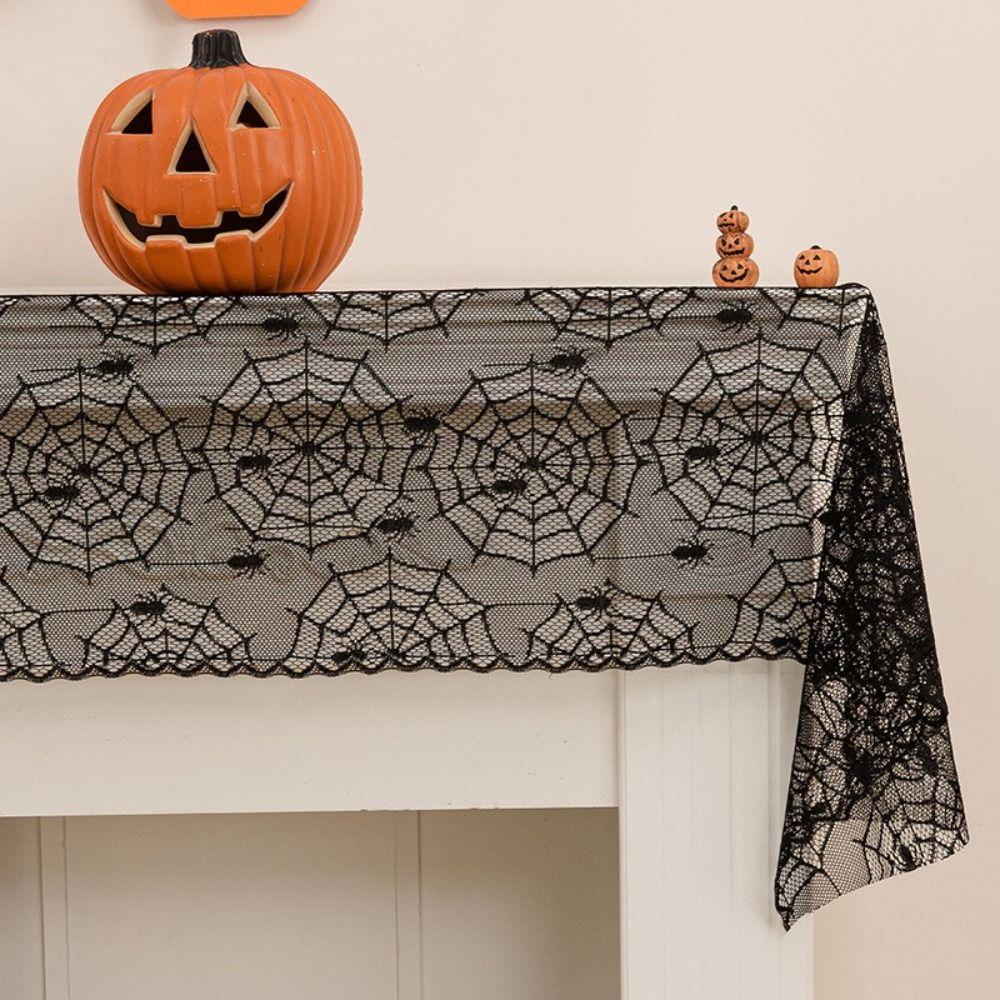 Black Color Halloween Table Runner Long Length Lace Material Spider Web Table Runner Gothic Style Hollow Out Table Runner