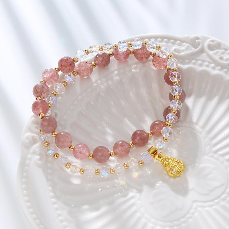 Double Circle Strawberry Crystal Bracelet, Money Bag Pendant Bracelet. Bangles Women Fashion Jewelry Accessories Gift