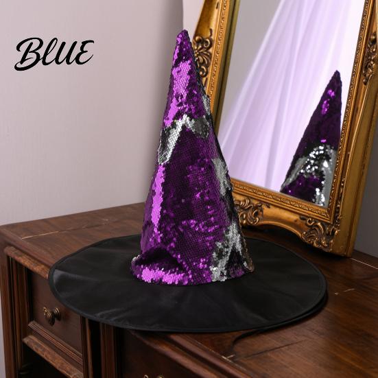 Wide Brim Witch Hat Reversible Sequin Hat Sparkly Glitter Large Wizard Halloween Costume Party for Cosplay Masquerade