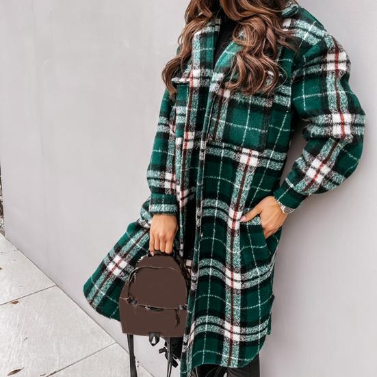 Umlegekragen Damenmantel Langarm Herbst Winter Karomuster Klappentaschen Wollmantel Oberbekleidung