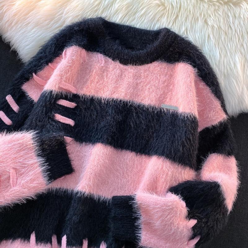 Pulovr Stripe Design Sense Svetr s kulatým výstřihem Ženy Korejská menšina Měkký lepkavý Líný pletený top svetr s dlouhým rukávem Žena