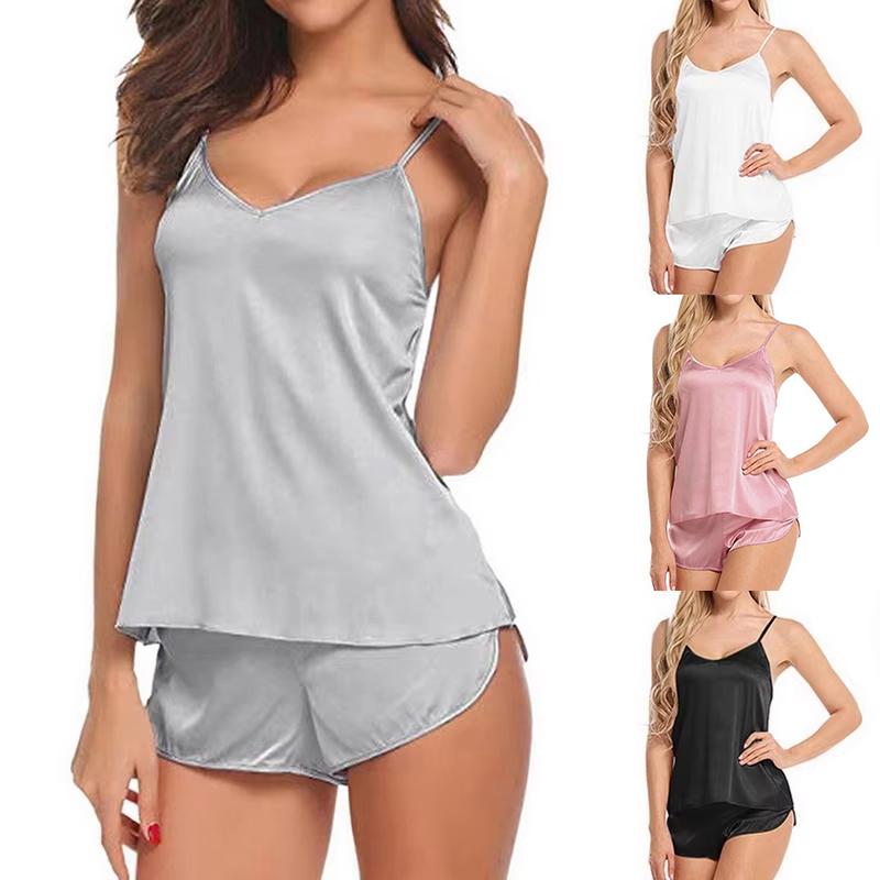 Top cu bretele spaghetti pentru femei, pijama din satin, confortabil, culoare uni, casual, îmbrăcăminte de noapte, set de vară cu pantaloni scurți, îmbrăcăminte de noapte, îmbrăcăminte de dormit, 2 piese/set