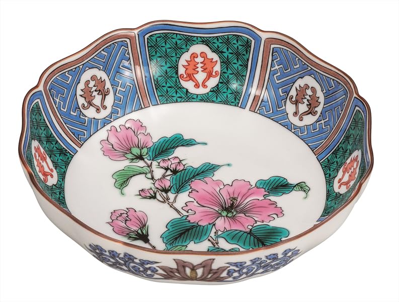 Nakamaru  Kutani Ware  5.2-inch Bowl with Old Kutani Hibiscus Flowers K9-263