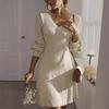 Women's V Neck Long Sleeve Midi Dress Slim Fit Mid Waist Elegant Solid Color Knit A Line Commuter Textured Casual Dress