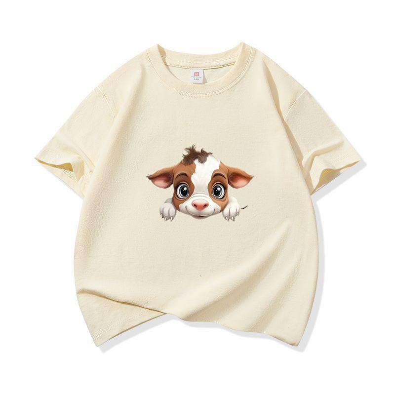 Kids Cotton T Shirt Light Brown Baby Cow Peeking Print Crew Neck Short Sleeve Tee Casual Boys Girls Summer Tops