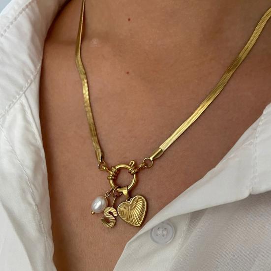 Initialhalsband för Kvinnor Guldpläterat Kärlekshjärta Falsk Pärla Hänge Halsband Ormkedja Smycken för Hustru Flickvän