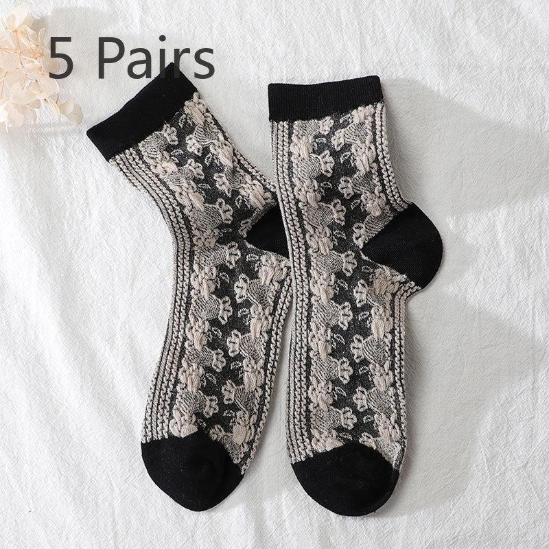 

5 пар женских весенне-осенних ретро носков-гольф в стиле придворного шика с маленькими цветами и в академическом стиле 5 Pairs чёрный