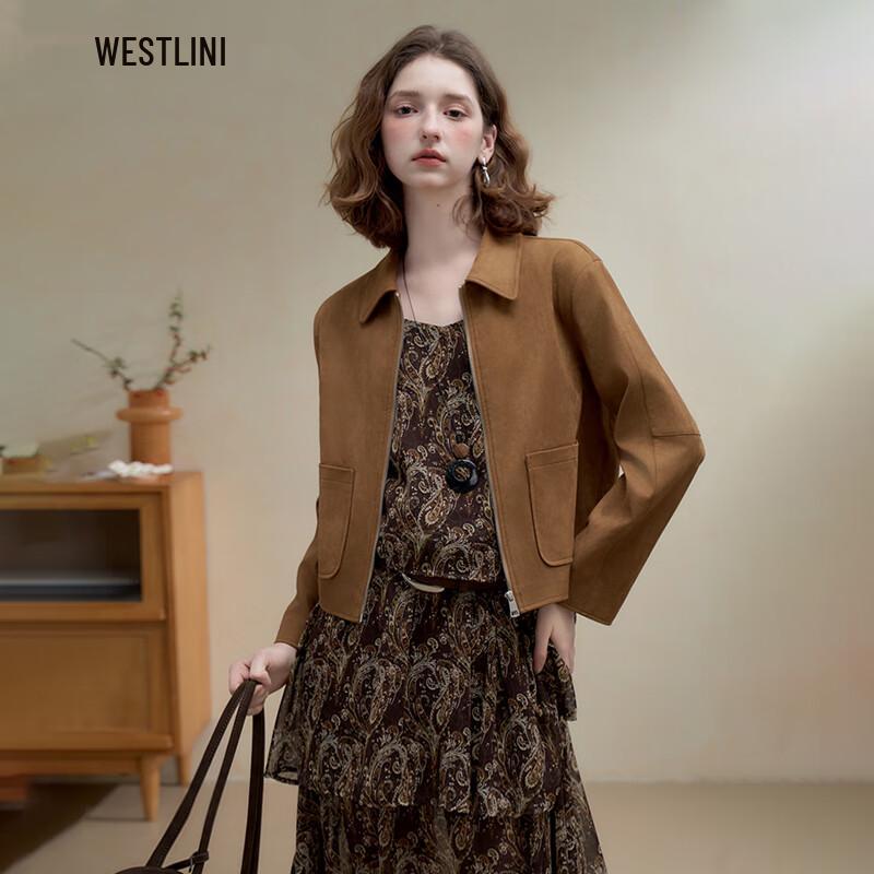 

Women s Retro Suede Lapel Zip-Up Jacket