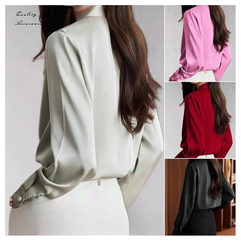 Long Sleeve Silk Blouse Women Notched Collar Satin Elegant Shirts